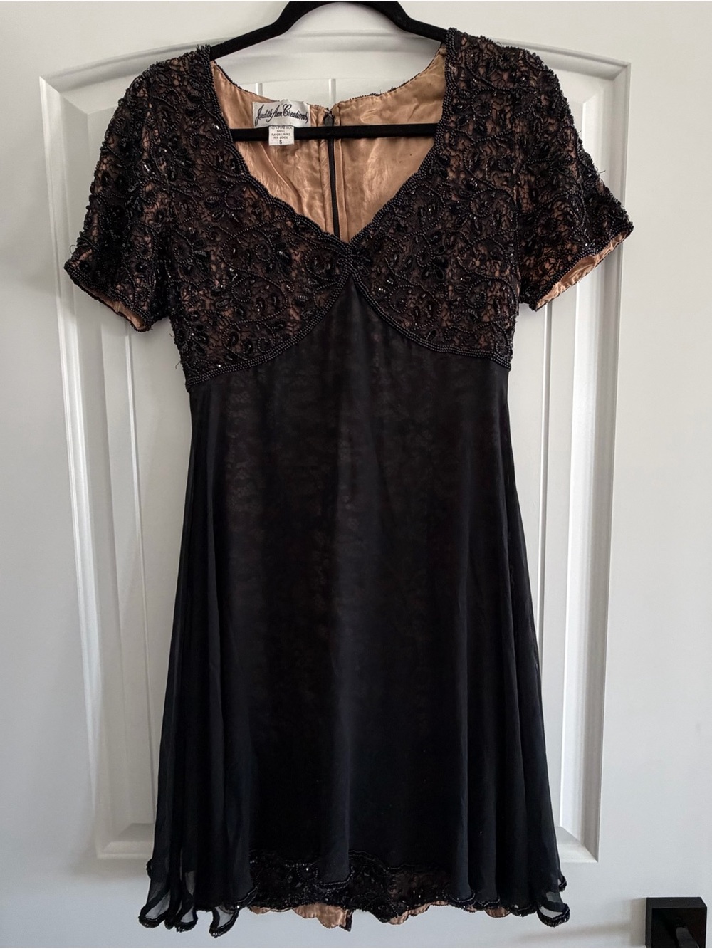 Judith Ann Creations Black Silk Beaded Lace Formal Cocktail Dress